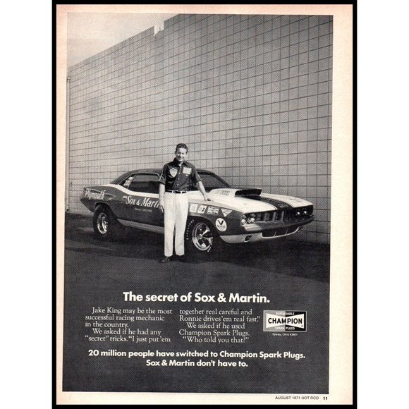 1971 Champion Spark Plugs Plymouth Barracuda Vintage Print Ad Sox & Martin Art - Picture 1 of 1